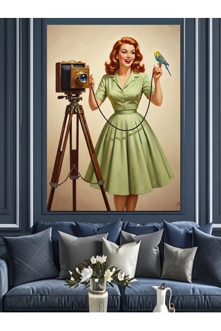 Fotoğrafçı Kadın Retro Kıyafet Dekoratif Kanvas - Mdf Ahşap Tablo