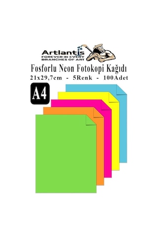 Artlantis Neon Fosforlu Renkli A4 Fotokopi Kağıdı 100 Lü 1 Paket 100 Adet Fosforlu 5 Renk Parlak Canlı Renkler Foto