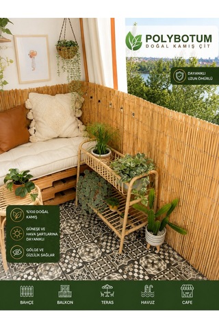 Polybotum Premium Doğal Kamış Hasır Balkon Çiti 100x300 Cm Sık