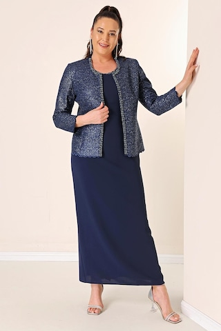 Yaka Taşlı Astarlı Uzun Krep Elbise Pullu Ceket Büyük Beden 2'li Takım-34881-lacivert Lacivert