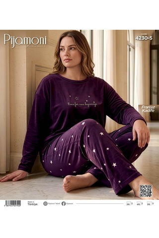 Pijamoni Kadın Battal Fransız Kadife Pijama Takımı 42305 - 1 Adet Mor