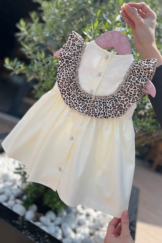 Leopar Fırfırlı Kız Çocuk Bebek Ekru Pamuk Elbise 001