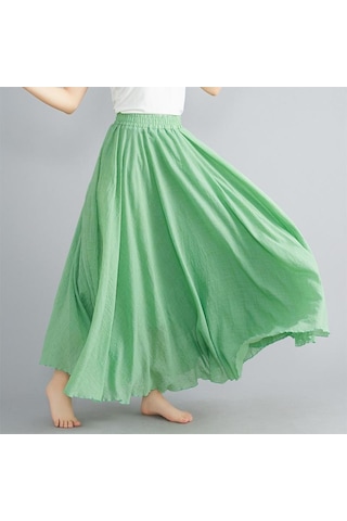 Yaz Sonbahar Kadın Etek Edebi Büyük Boy Pamuk Keten Yarım Etek Elastik Bel Keten A-line Etek Uzun Bölüm Saf Renk Rüzgar Salıncak Etek Açık Mavi