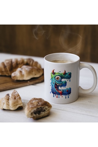 E Harfi Bardak, Sevimli Canavarlar Harflı Bardak Hediyesi Porselen Beyaz