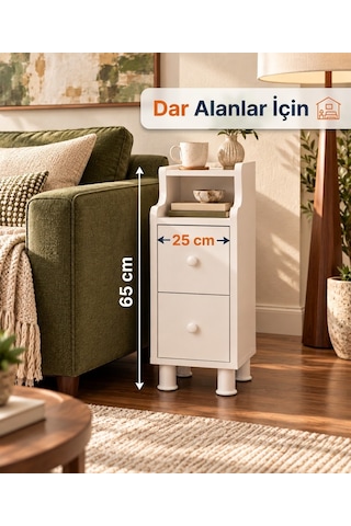 Çok Amaçlı Modern Yan Sehpa Organizer Yatak Odası Komodin 25cm Ahşap Görünümlü Ev Tamamlayıcı Beyaz - Beyaz