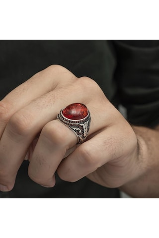 Oval Sentetik Kehribar Taşlı 925 Gümüş Erkek Yüzük