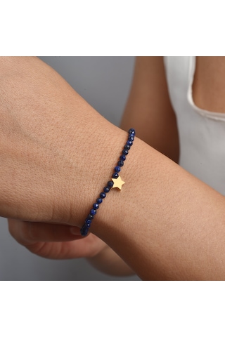 14 Ayar Altın Kaplama Lapis Lazuli Doğal Taşlı Yıldız Gümüş Bileklik - Bgs00107 Altın