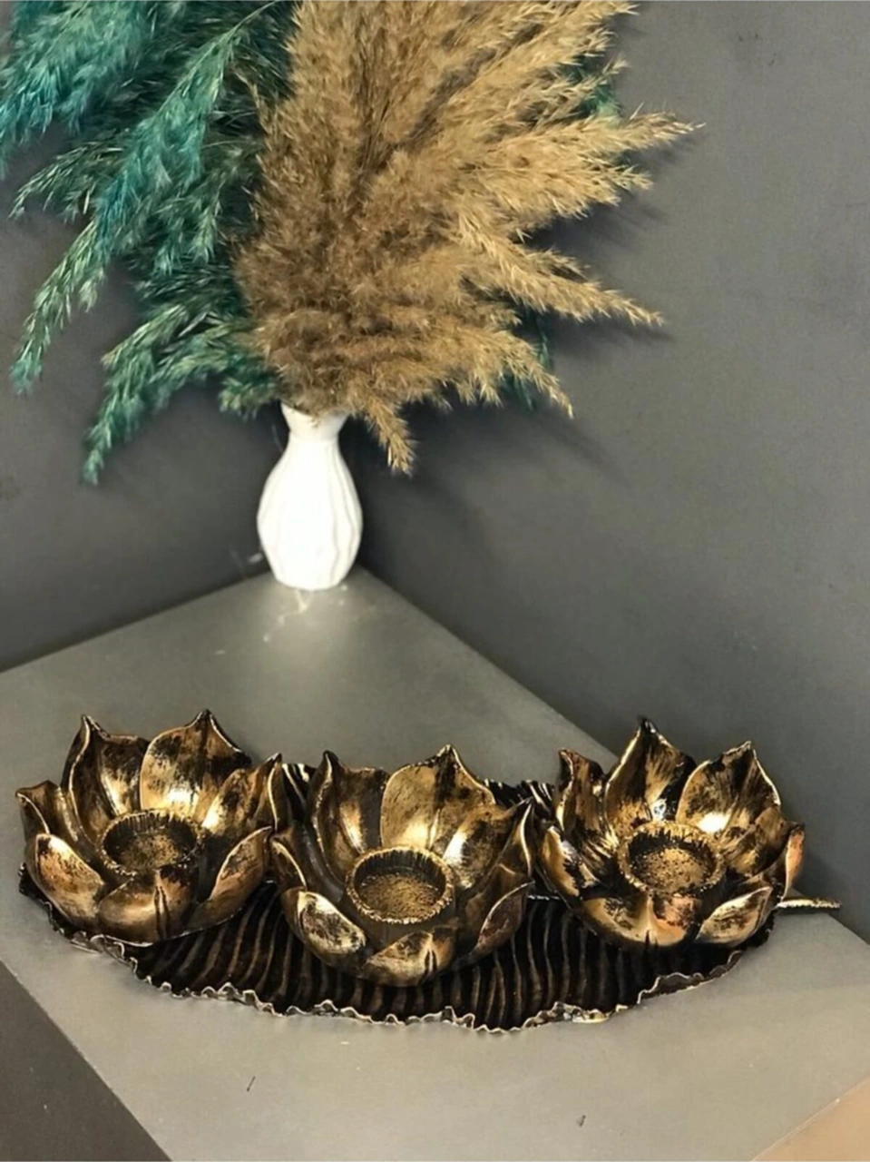 Dekoratif Polyester Ikili Dik Yaprak Ve Üçlü Mumluk Takımı Gold-siyah-eskitme