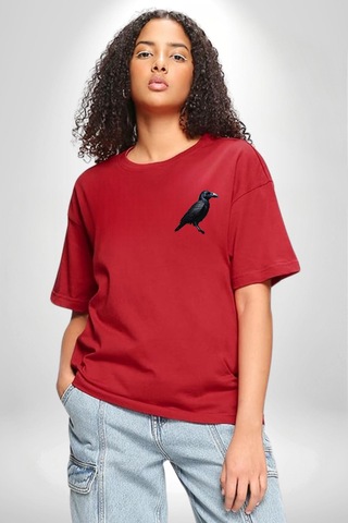 3 Gözlü Kuzgun Kırmızı Oversize Unisex Ön Ve Sırt Baskılı Tişört Kırmızı