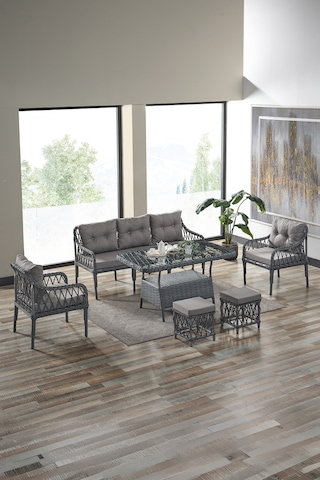 Joy Rattan Puflu Bahçe Balkon Takımı 3+1+1+camlı Masa Cappuccino Cappuccino