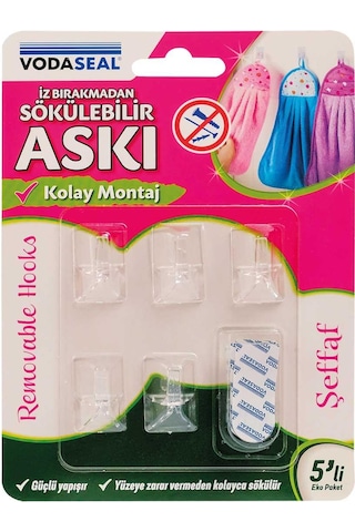 Vodaseal İz Bırakmadan Sökülebilir Küçük Askı - 5 Parça - Şeffaf Şeffaf
