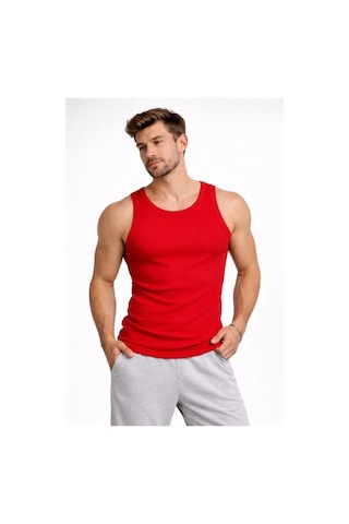 Vexor Erkek Fitilli Atlet Sıfır Yaka Slim Fit Arka Baskılı Spor Atlet - Kırmızı