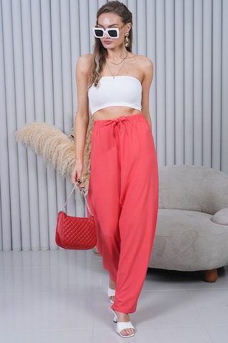 Polologin Butik Beli Bağcıklı Yüksek Bel Bol Paça Mercan Pantolon Kırmızı