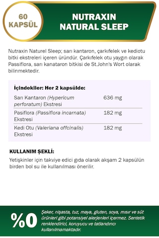 Nutraxin Naturel Sleep 60 Kapsül - Sarı Kantaron, Pasiflora, Kedi Otu