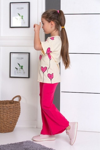 Tunays Shopping İspanyol Paça Tayt Pantolon Kalp Baskılı Oversize Tshirt Kız Çocuk Alt Üst Takım Fuşya
