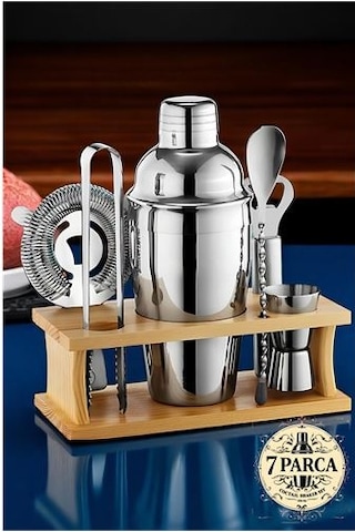 Shaker Kokteyl Set - 7 Parça 550 Ml Shaker Coctail Set Bambu Standlı Shaker Kokteyl Set - 7 Parça 550 Ml Shaker Coctail Set Bambu Standlı