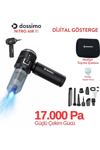 Nitro X1 Kablosuz Araç İçi Süpürge Güçlü Vakum Hava Pompası Dijital Gösterge Çanta  Siyah Gri