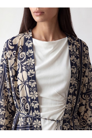 Lcw Everyday Mavi Şal Yaka Desenli Beli Kuşaklı Kadın Kimono