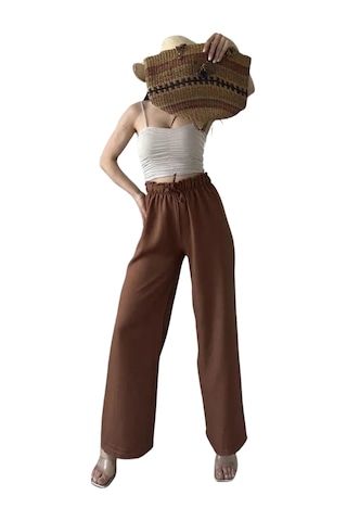 Yüksek Bel Beli Büzgülü Pantolon -kahverengi