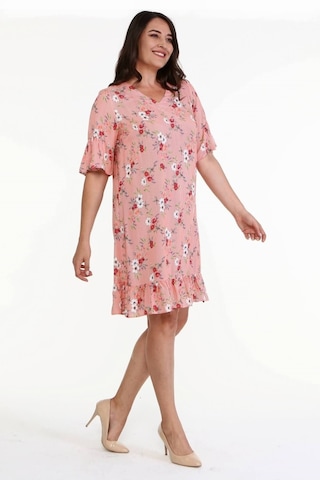 Eteği Ve Kolları Fırfırlı Desenli Elbise-352 Kırmızı