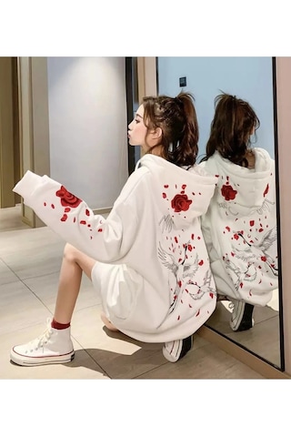 Tarzsokak Özel Tasarım Kapüşonlu Fermuarlı Red Rose Baskılı Süper Oversize Kadın Ceket-sweats Beyaz Beyaz
