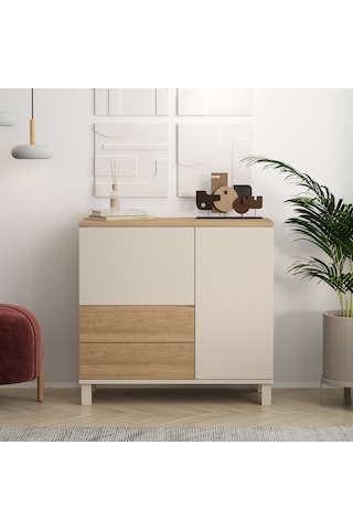 Robin Home Urban Çok Amaçlı Dolap Ahşap Ayaklı 2 Kapaklı 2 Çekmeceli Kumsal-sepet Bej