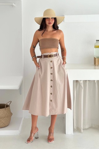 Kemerli Boydan Düğmeli Keten Etek Krem Krem