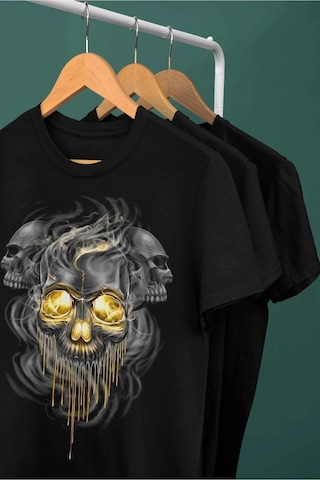 Adrift Wed Kuru Kafa Gold Görünüm Dead Gothic Rocker Dijital Baskılı T-shirt Siyah