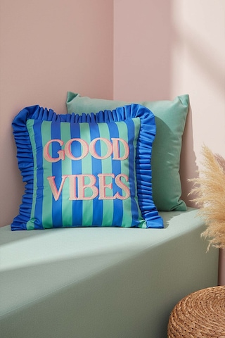 Good Vibes Fırfırlı Dekoratif Kırlent Kılıfı Mavi