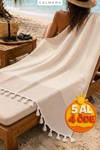 Calmera Çizgili Peştemal Pamuk - Doğal Saçaklı Plaj, Deniz, Havuz, Spa, Sauna, Spor, Seyahat Havlu Bej