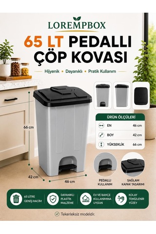Lorempbox 65 Lt Pedallı Çöp Kovas Koyu Gri Siyah