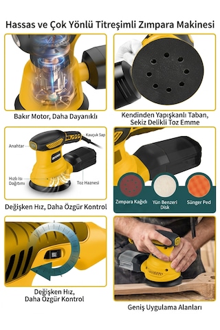 Steiner 700w 6 Kademe Devir Ayarlı 125mm Toz Toplama Sistemli Eksantrik Zımpara Makinesi Sarı
