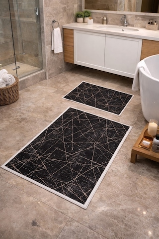 Modern Çizgili Çerçeve Banyo Paspası Kaydırmaz Tabanlı Yumuşak 2 Li Set Siyah