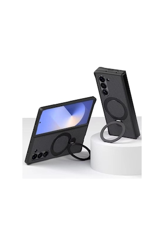 Teleplus Samsung Galaxy Uyumlu Z Fold 5 Kılıf Karbon Fiber Magsafeli 360 Dönerli Standlı Alp Kapak