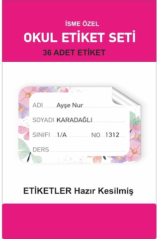 Kitap Defter Sticker 36 Adet Hazır Kesilmiş Okul Etiketi İsme Öze Pembe