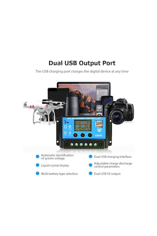 Konesam 12/24v Otomatik Algılama 10a Solar Kontrolörü - Lcd Ekranlı, Sıcaklık Tamiri, Çift Çıkışlı Şarj-deşarj Cihazı Cmtd-a2410