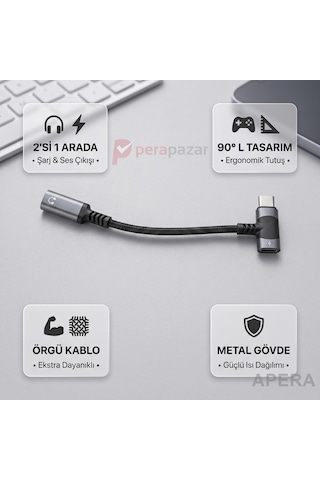 Tr Type-c Kulaklık Ve Şarj Dönüştürücü L Tipi Çoğaltıcı Kablo Örgülü 3.5mm Ses Ve Güç Adaptörü Cn03