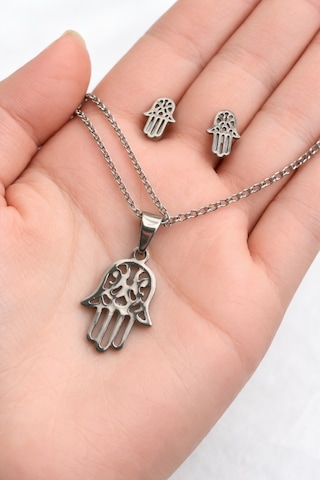 Paslanmaz Çelik Hamsa El Kolye Küpe Seti Gümüş Renk Unisex Takı Altın - Gümüş