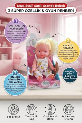 TıfılToys Sesli Oyuncak Bebek Taranabilir Saçlı Özel Standlı Roza Bebek İle Rol Yapma Oyunu 15842988