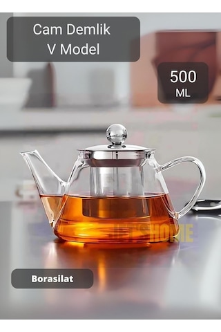 Cam Demlik V Model Bitki Çayı Demliği Çelik Süzgeçli Isıya Dayanıklı Borosilikat 500 Ml Şeffaf