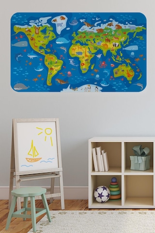 Eğitici Dünya Haritası Dünya Atlası Çocuk Ve Bebek Odası Duvar Sticker-60x105-3774 - Renkli Çok Renkli