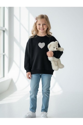 Kız Çocuk Pamuklu Yumuşak Dokulu Kalp İşlemeli Sweatshirt-16803 Siyah