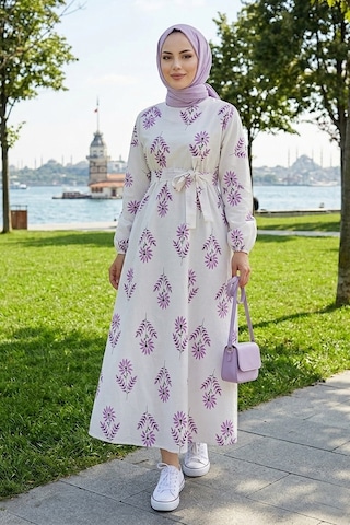 Bestenur Mayra Desenli Keten Elbise 1717 - Lila