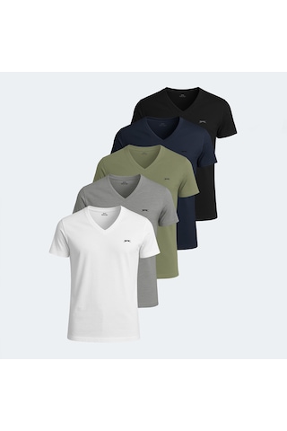Slazenger SARGON 5 li Set Erkek  Beyaz - Siyah - Lacivert - Haki - Gri Tişört
