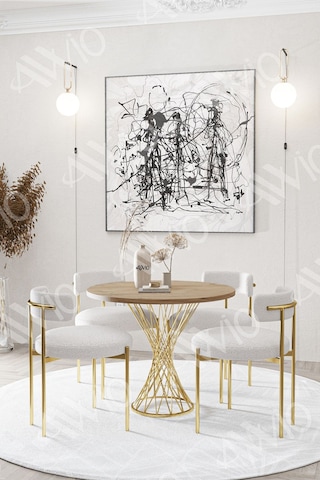 Avvio Lisa Mat Gold Teddy Sandalye 90x90 Yuvarlak Yemek Masası Mutfak Masası Masa Sandalye Takımı Akça