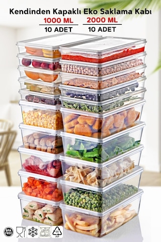 Nandy Home Kendinden Kapaklı Derin Dondurucuya Uygun Saklama Kabı 20'li Set 1 L -  2 L