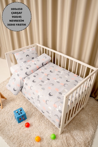 Bebek Nevresim Takımı Fermuarlı, 95x145 CM Gri Ay