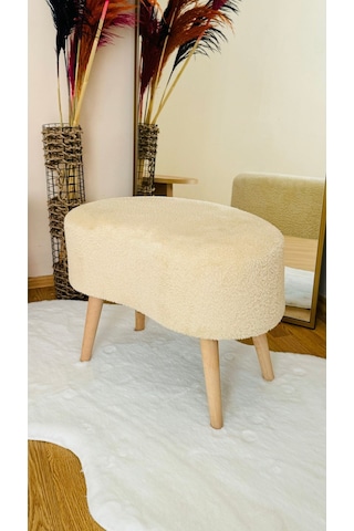 Fasulye Model Ahşap Ayaklı Teddy Kumaş Dekoratif Puf Bench Ekru