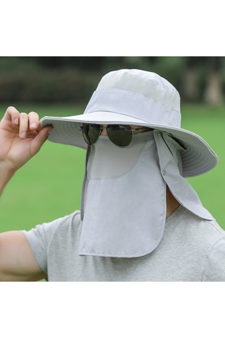 Çıkarılabilir Boyun Koruyucu Ve Yüz Siperliği Olan Geniş Kenarlı Ağızlı Güneşlik Şapka Gri