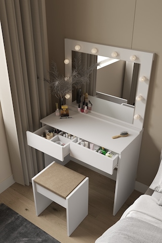 Dekorfim DF02103B Hollywood Işıklı Aynalı Çekmeceli Makyaj Masası